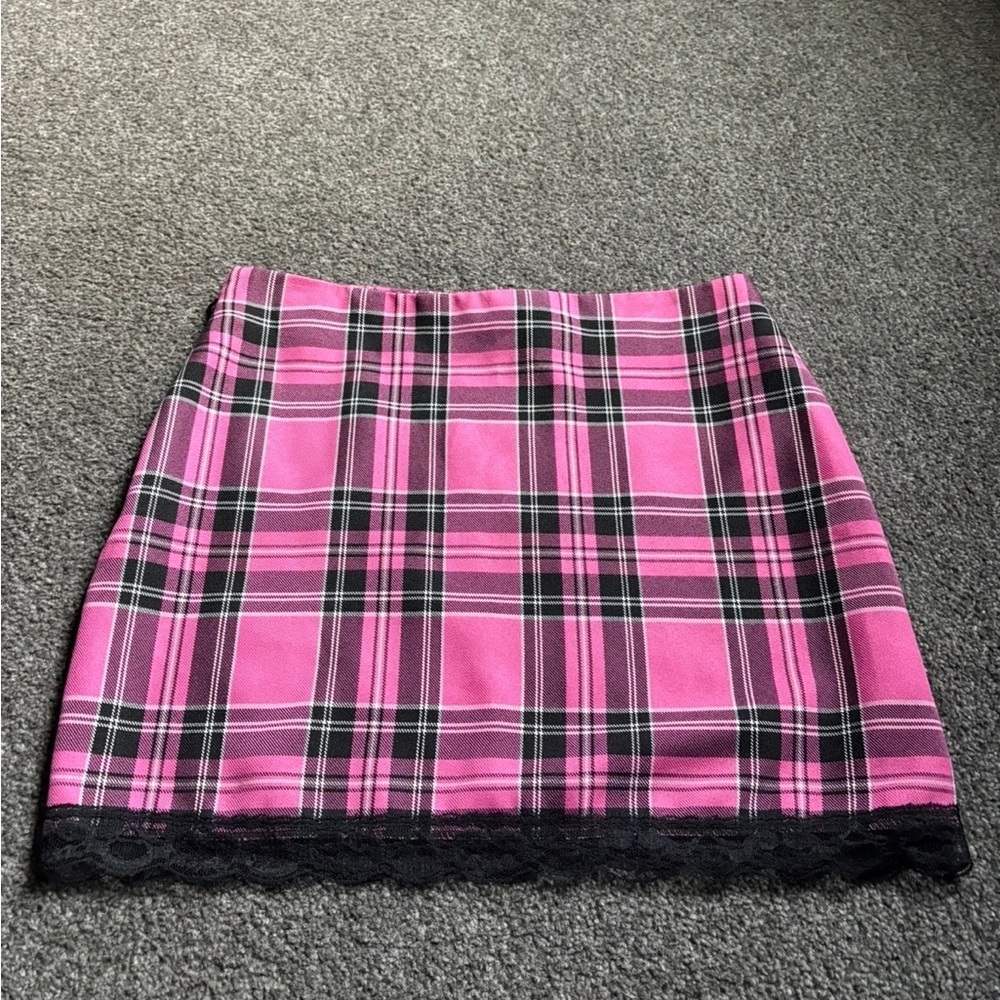 Pink Plaid Women's Skirt with Black Lace Trim